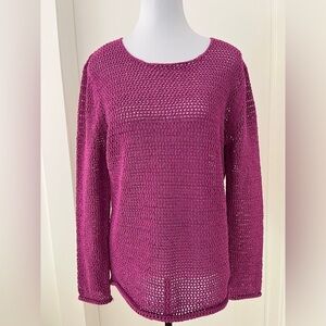 JONES NEW YORK Open Knit Crochet Look Round Neck Pullover Sweater Casual Travel